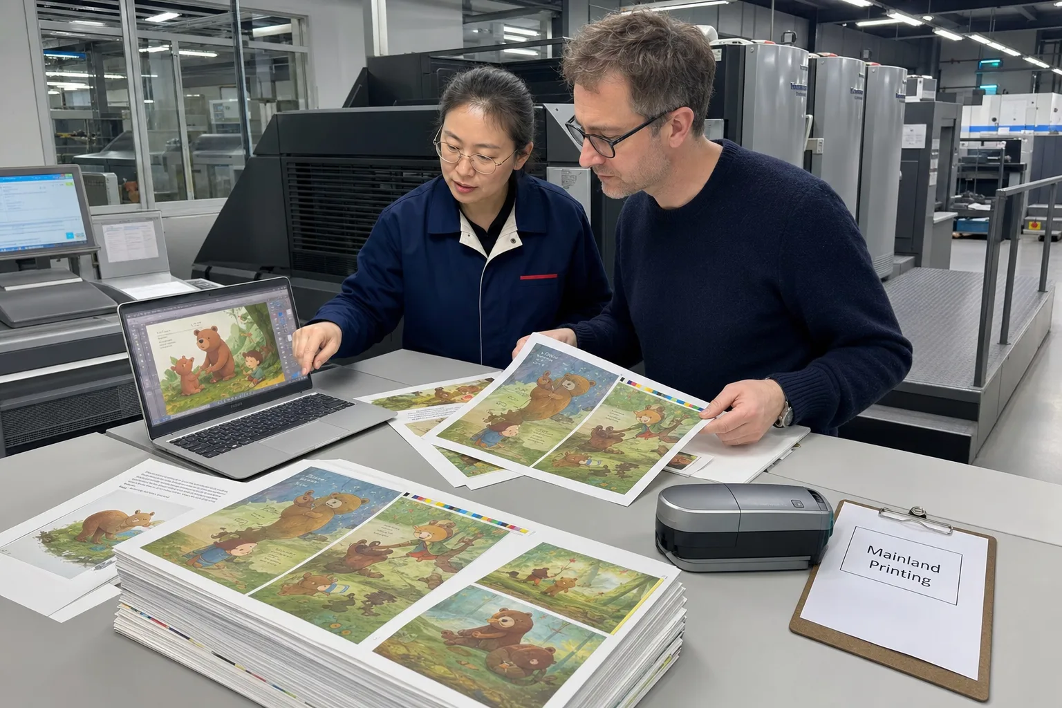 CMYK color proof review for illustrated children's book pages at printing QC desk