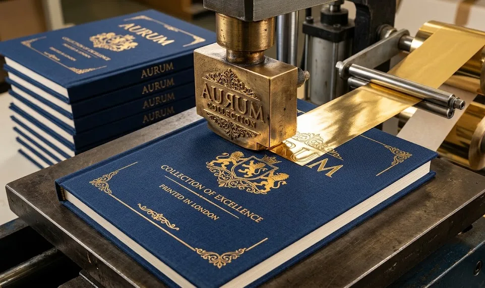 Gros plan sur la couverture d'un livre à couverture rigide avec estampage à la feuille d'or – impression haut de gamme Gros plan sur la couverture d'un livre à couverture rigide avec estampage à la feuille d'or – Impression haut de gamme
