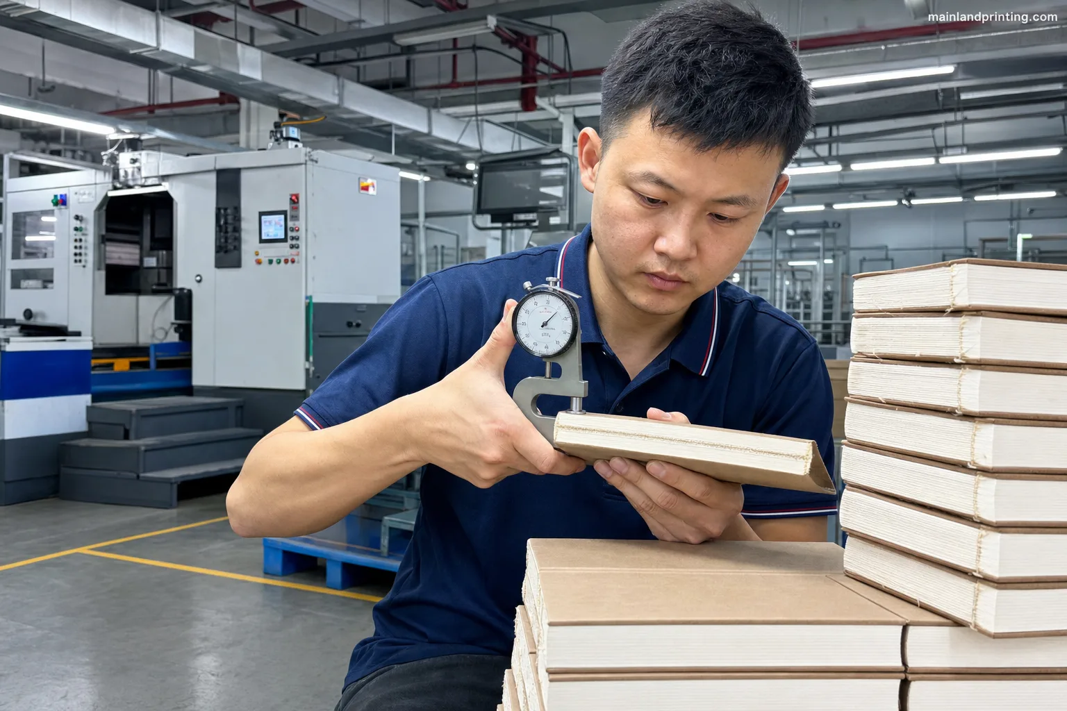 Measuring Book Block Thickness on Press Floor Chinese technician measures sewn hardcover book block thickness