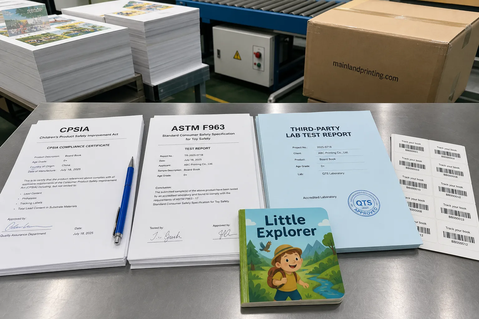 board book cpsia safety testing certificates review CPSIA safety testing documents reviewed beside finished board book