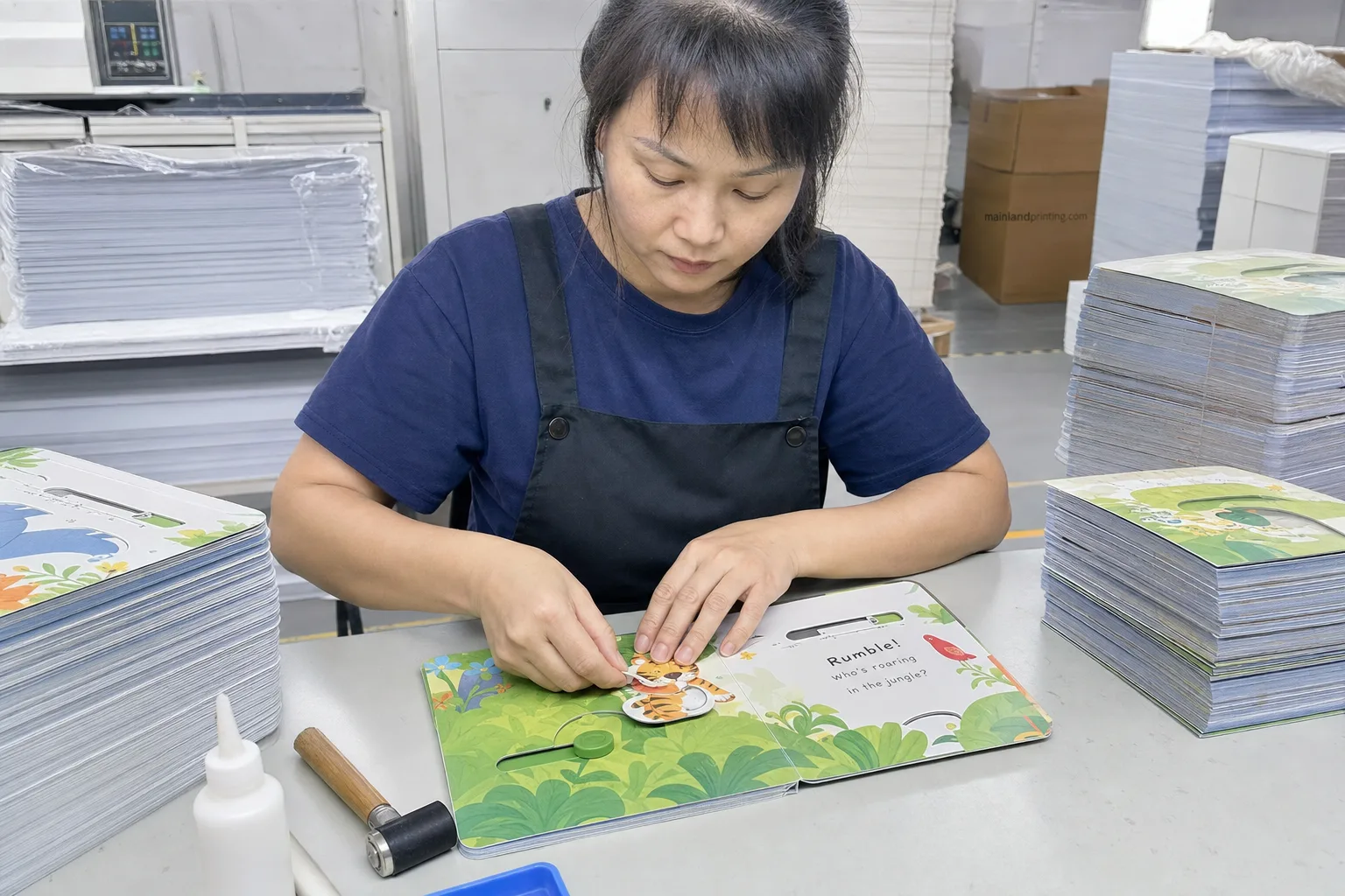 board book interactive feature hand assembly Hand assembly of interactive board book flaps at printing QC table