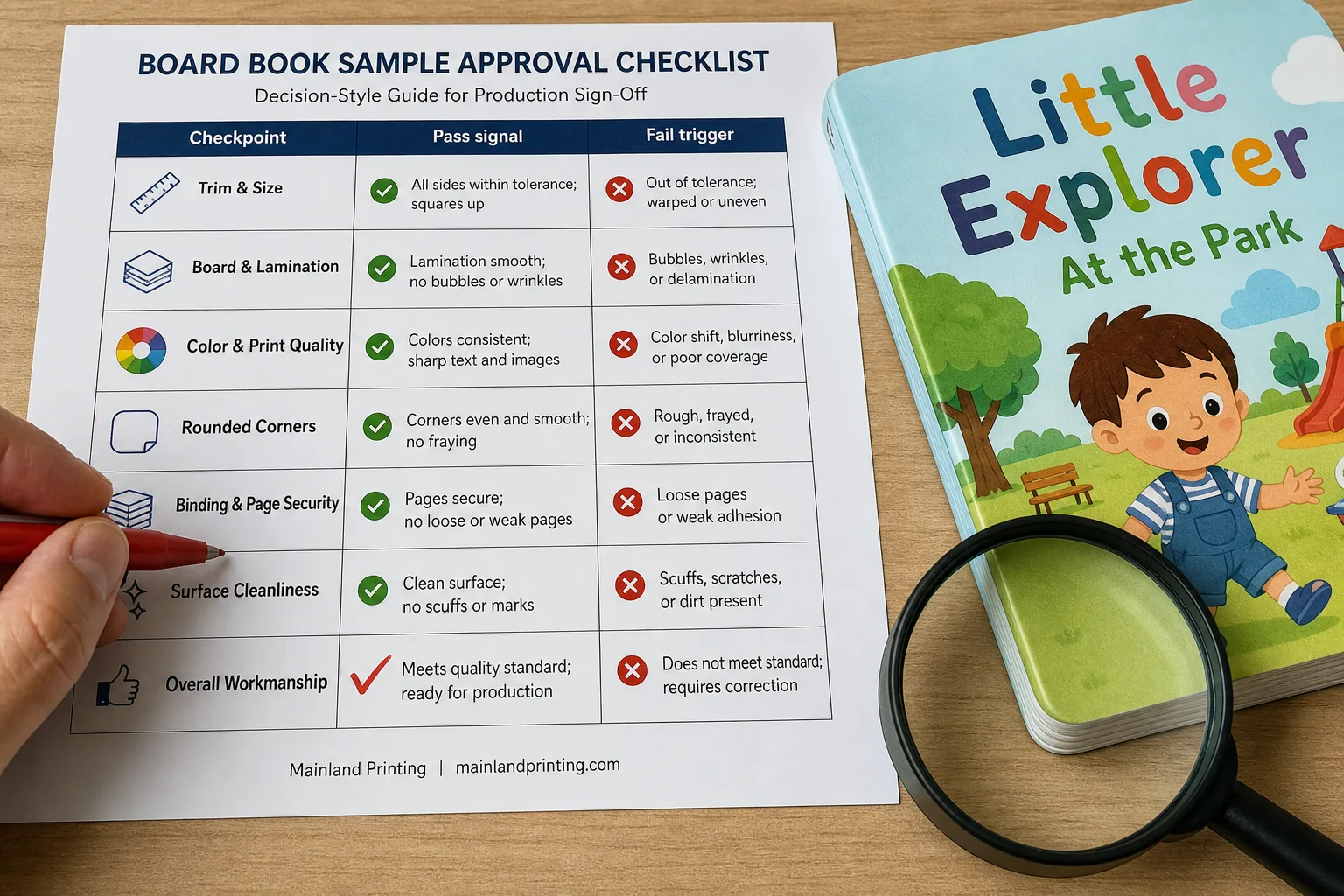 board book sample approval checklist inspection Board book sample approval checklist reviewed with corner inspection