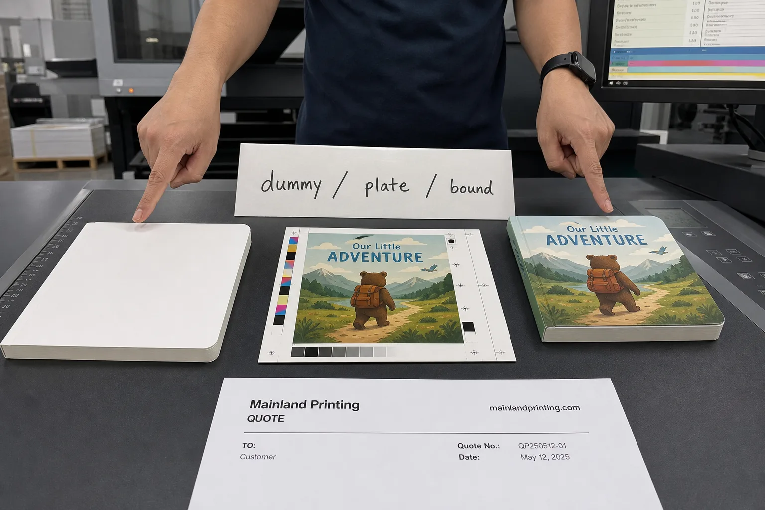 Three board book sample types compared on a printing QC desk