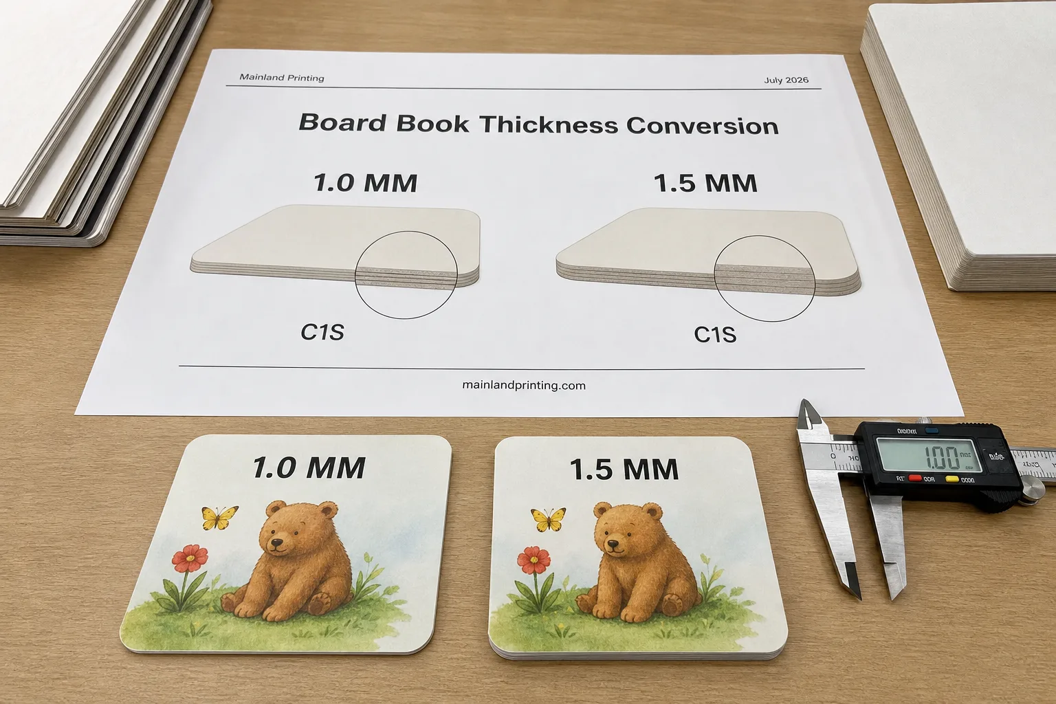 Board book thickness conversion chart with caliper on desk