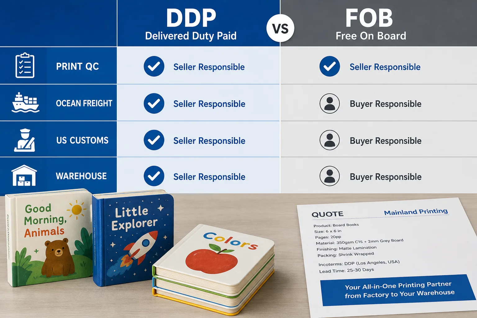 ddp vs fob responsibility matrix board book shipping DDP versus FOB responsibility matrix for board book shipping