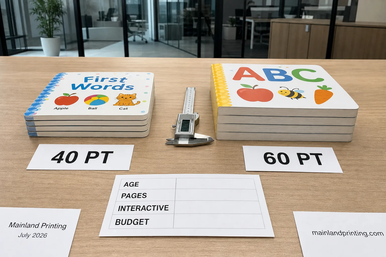 forty vs sixty pt board book samples compared Forty and sixty point board book sample stacks compared