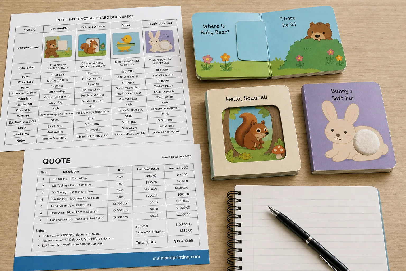 Interactive board book RFQ spec matrix on procurement desk