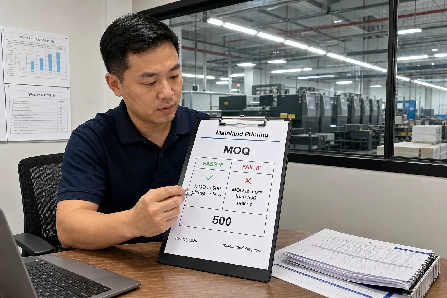 moq quote pass fail audit on desk Project manager audits MOQ quote Pass If checklist