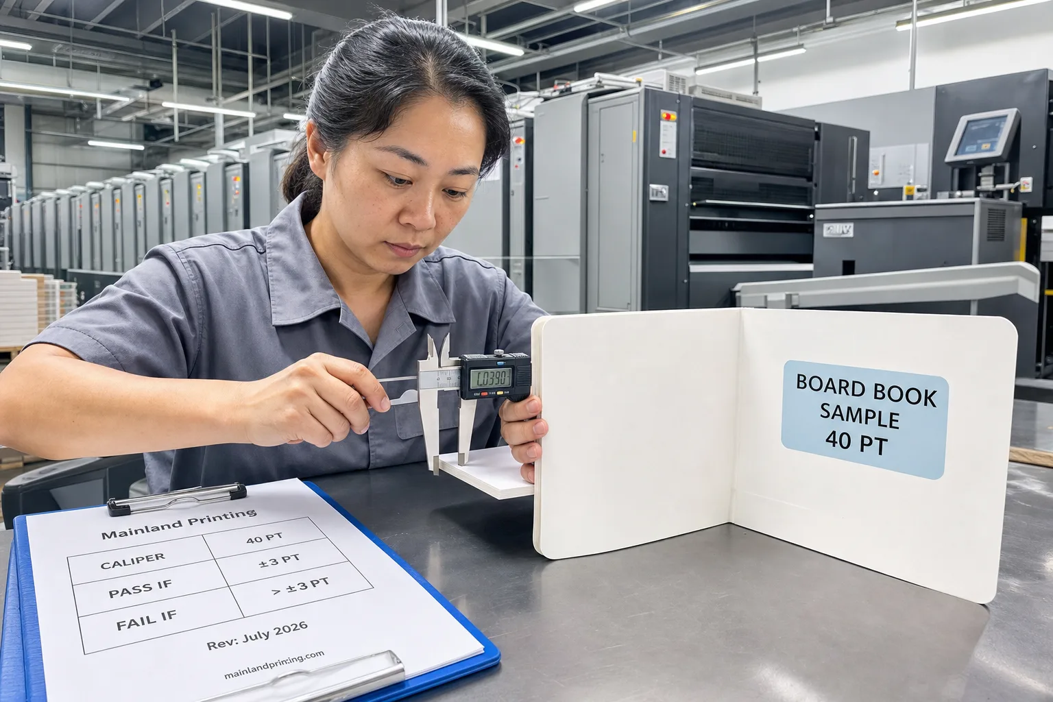 qc caliper check board book page thickness QC technician measures board book leaf thickness with caliper