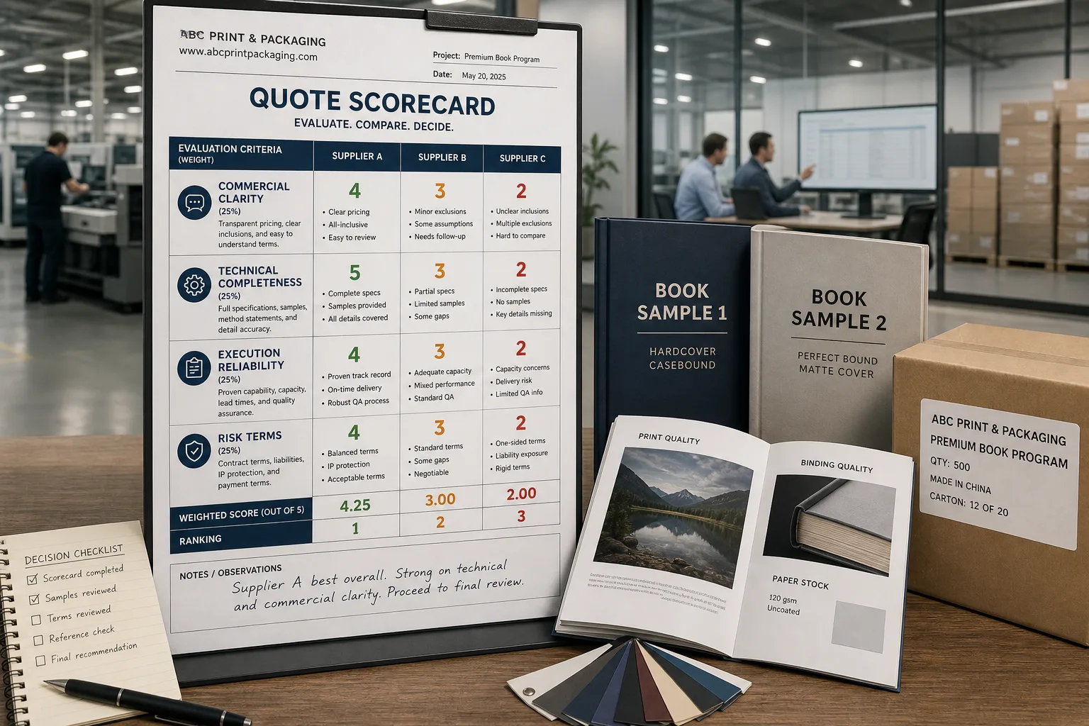 quote scorecard with print samples A buyer reviews weighted quote scores beside real print samples.