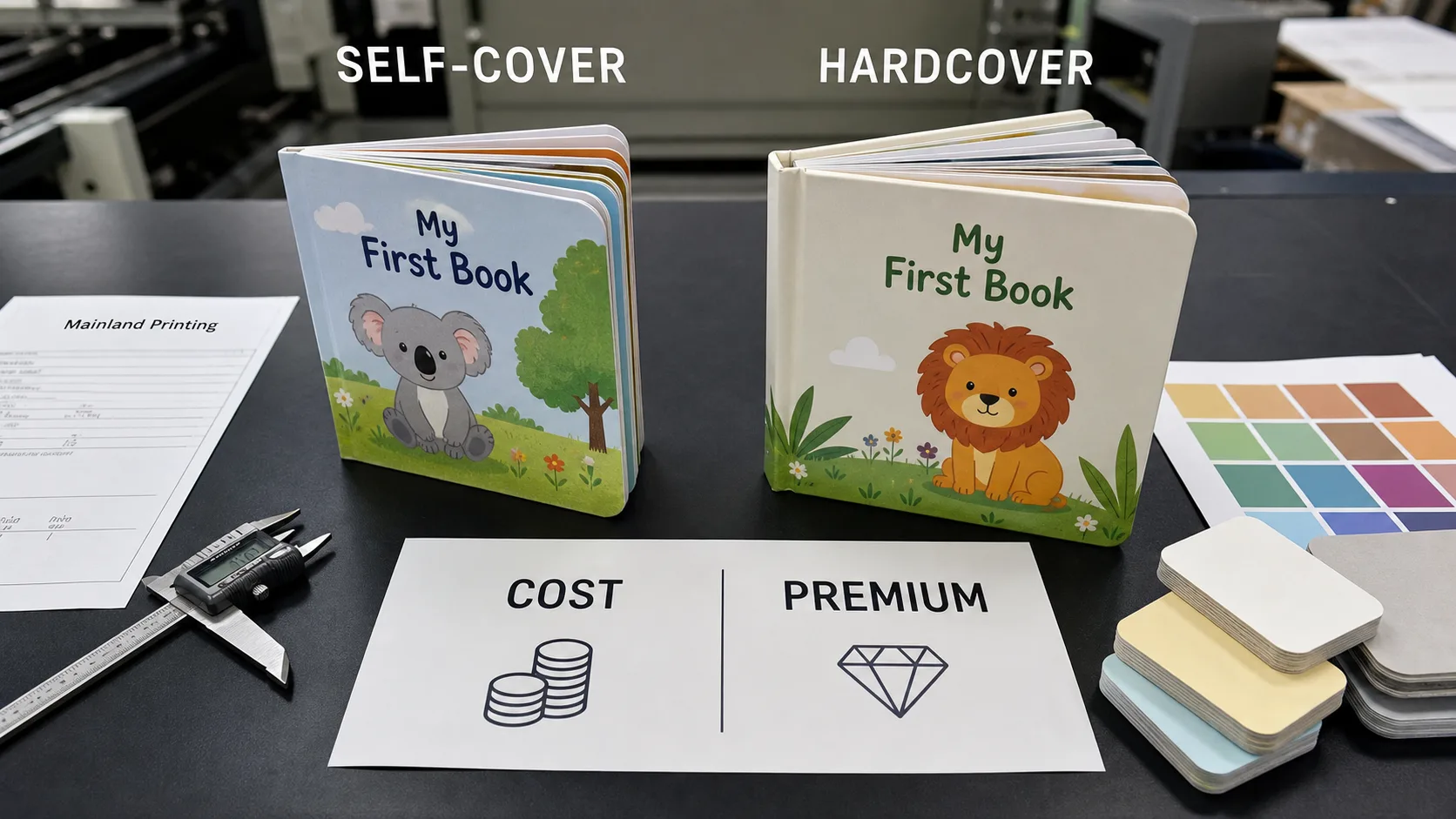 Self-cover and hardcover board book samples compared on table