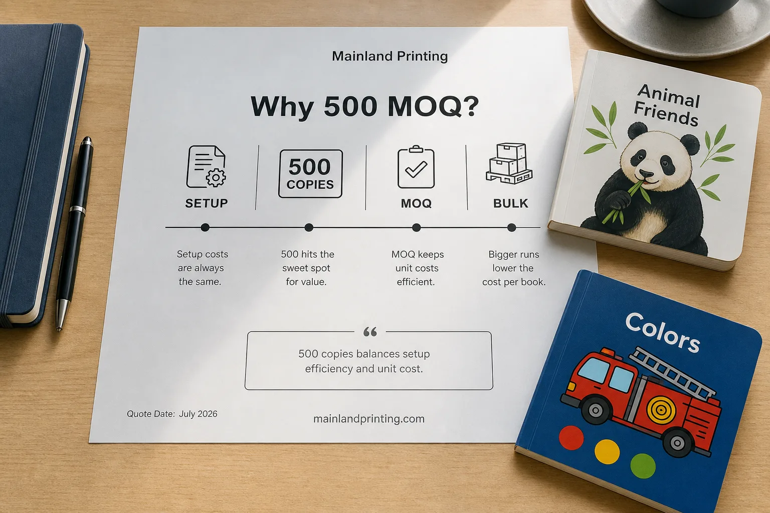Why 500 board book MOQ decision sheet on desk