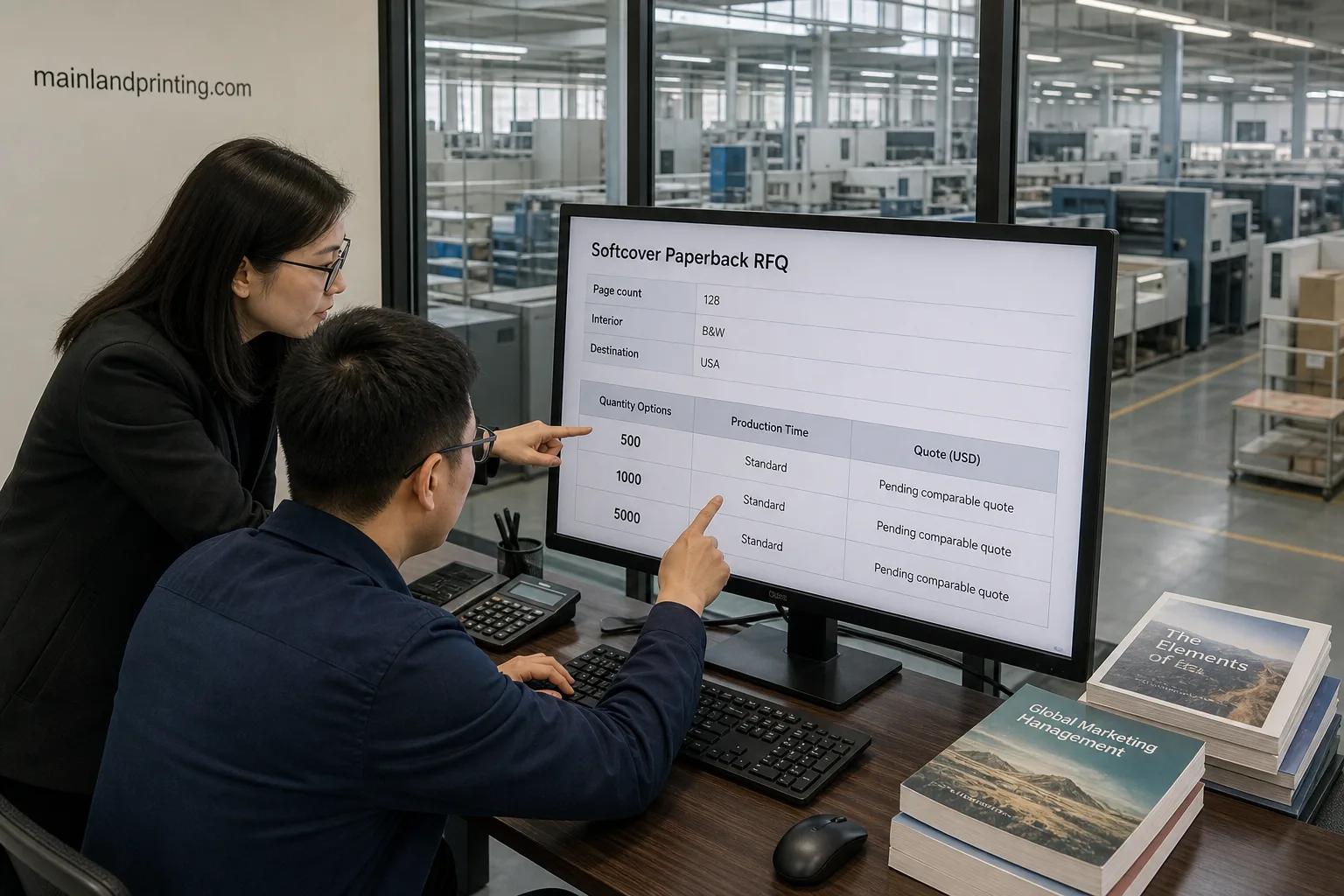 Chinese coordinators review softcover paperback RFQ quantity bands on screen