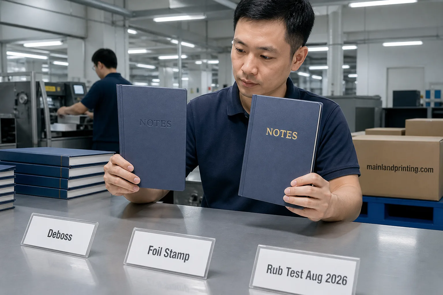 operator checks deboss vs foil logo Chinese operator compares deboss and foil logo finishes on hardcover notebooks