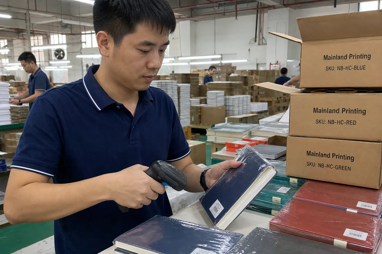 operator scans barcode on packed notebooks Chinese operator scans barcode on shrink-wrapped notebook SKUs
