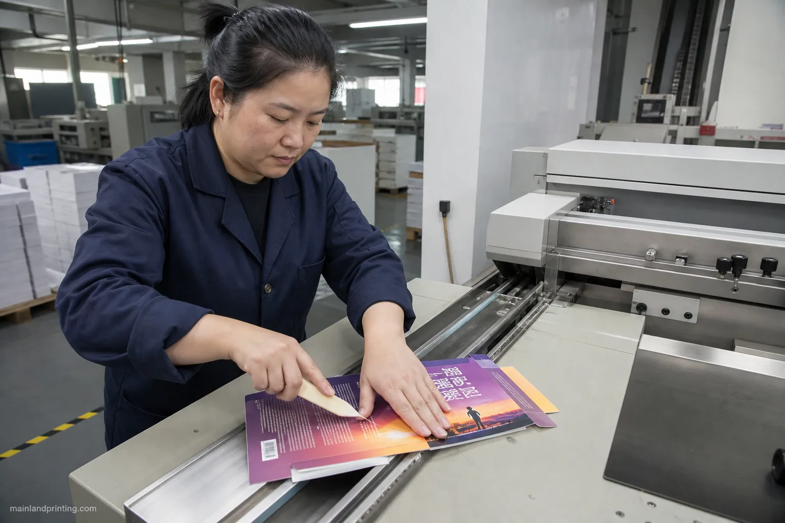 paperback french flap scoring line Chinese bindery worker scores softcover flap fold on paperback cover