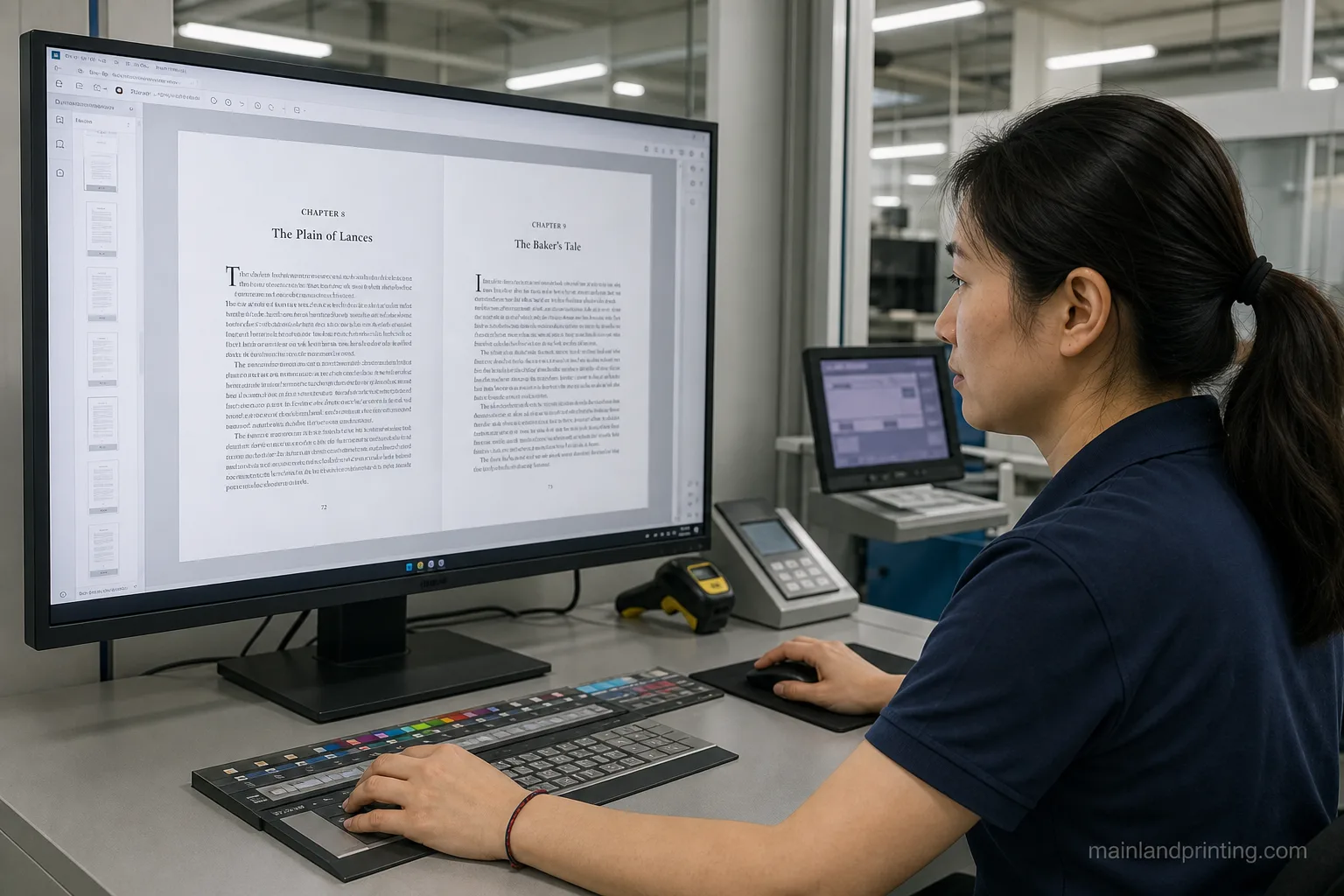 paperback prepress screen file review Chinese prepress operator reviews paperback PDF pages on workstation screen