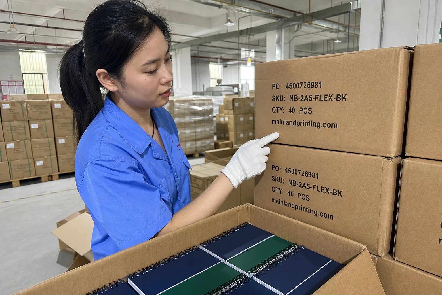 qc checks notebook carton marks warehouse Chinese QC checks PO SKU marks on notebook export cartons