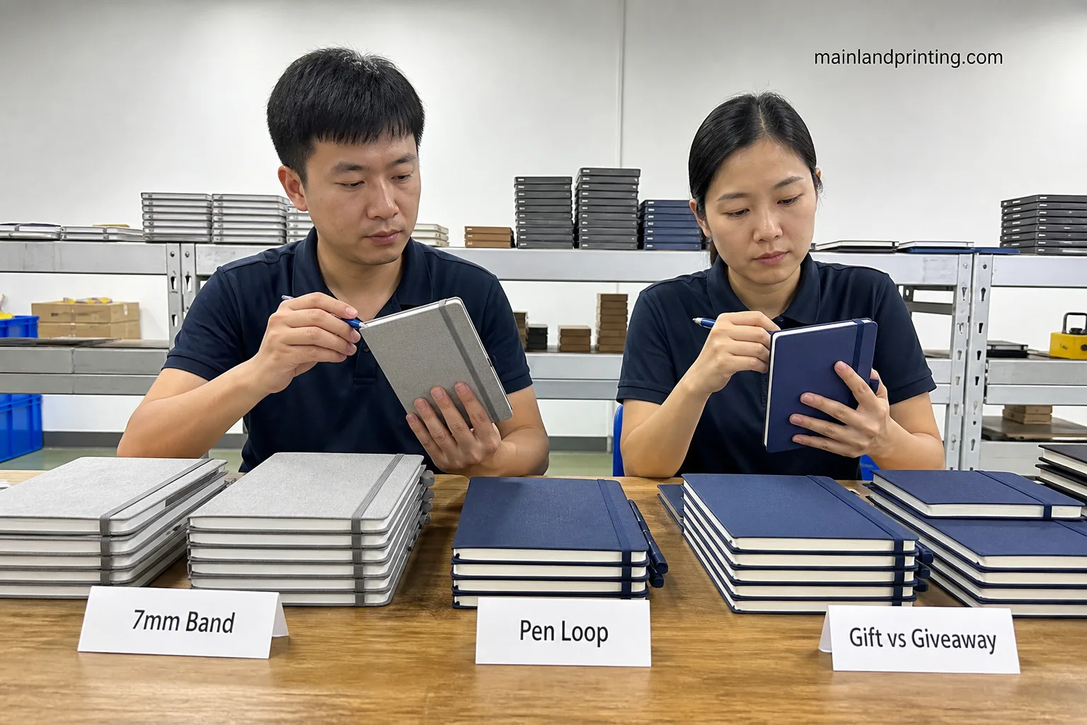 qc compares bands loops on brand notebooks Chinese QC compares elastic bands and pen loops on branded notebooks