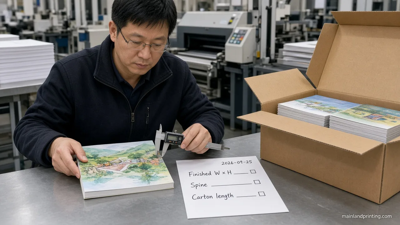 comparing picture book trim samples qc QC table checking picture book trim against carton planning notes