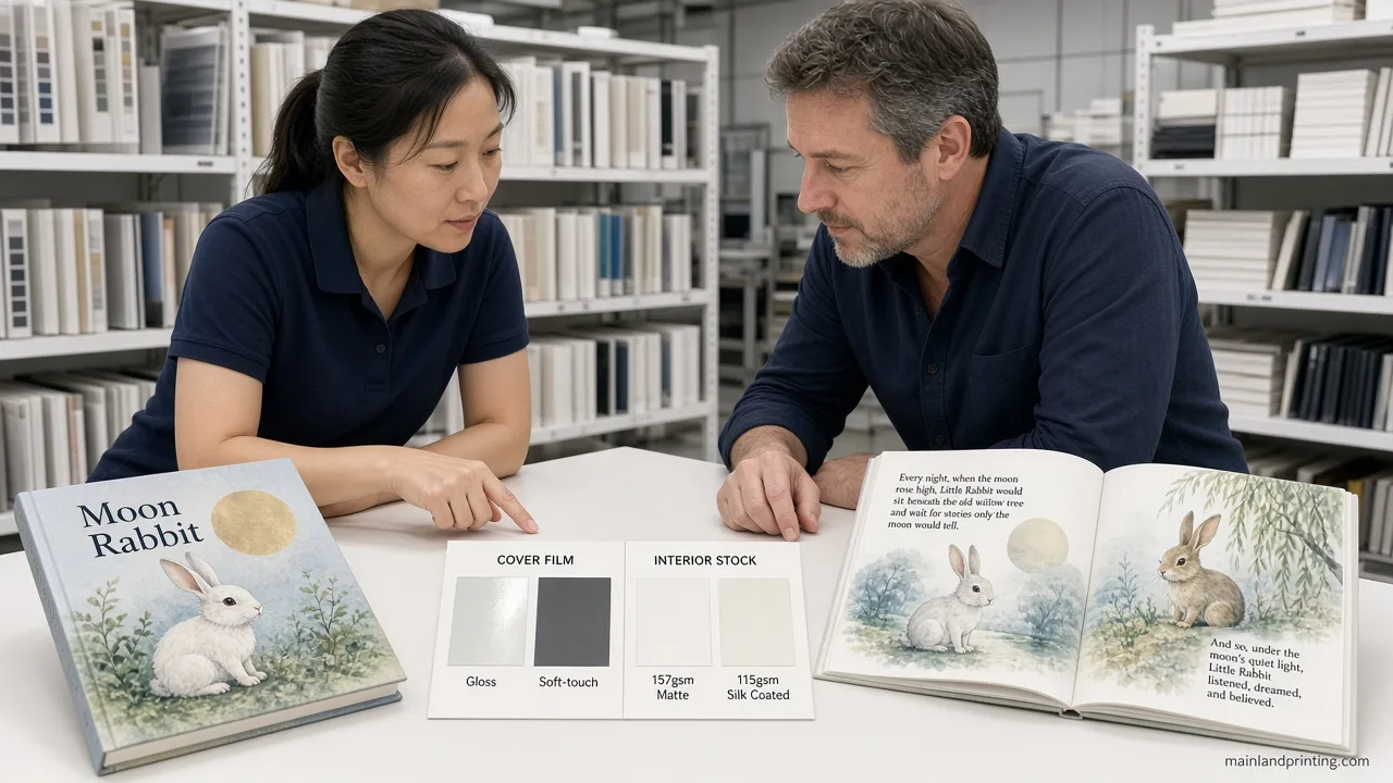 cover lam vs interior stock check Sample room comparing cover laminate against interior coated pages