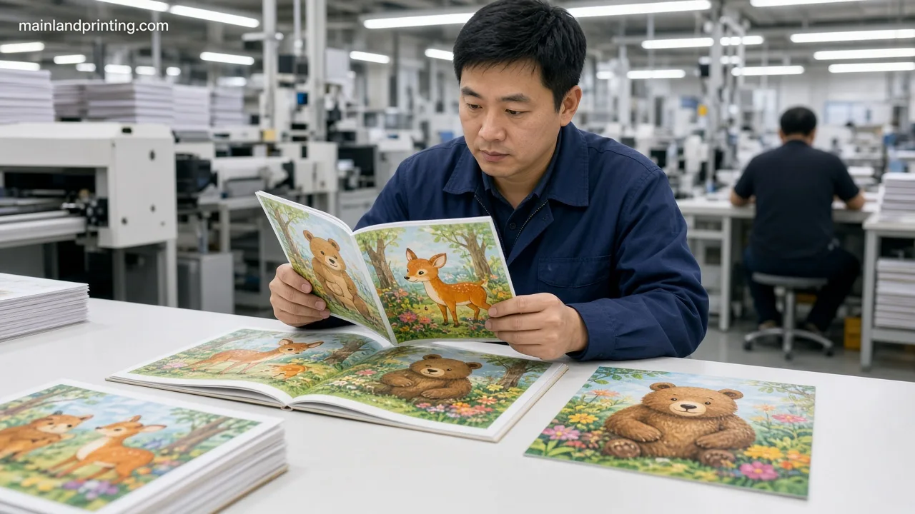 QC table reviewing picture book paper samples before print approval