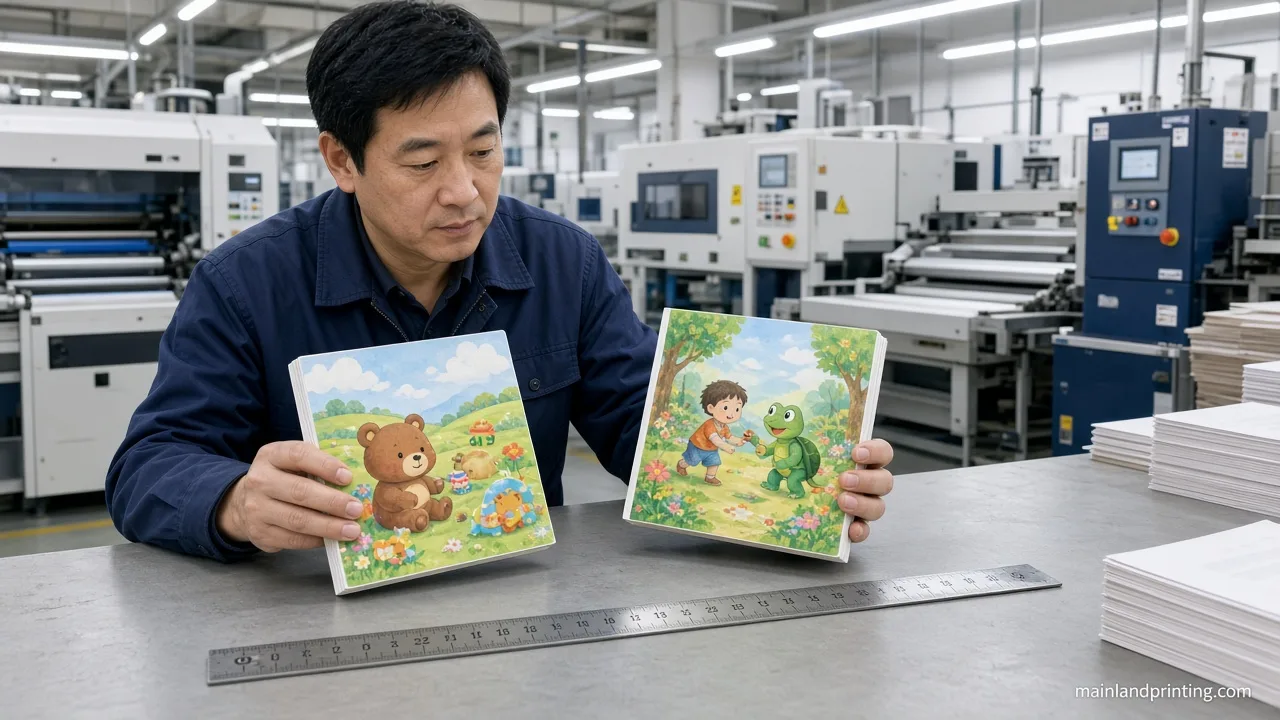 square picture book trim samples bench Bindery bench comparing square picture book trim sample sizes