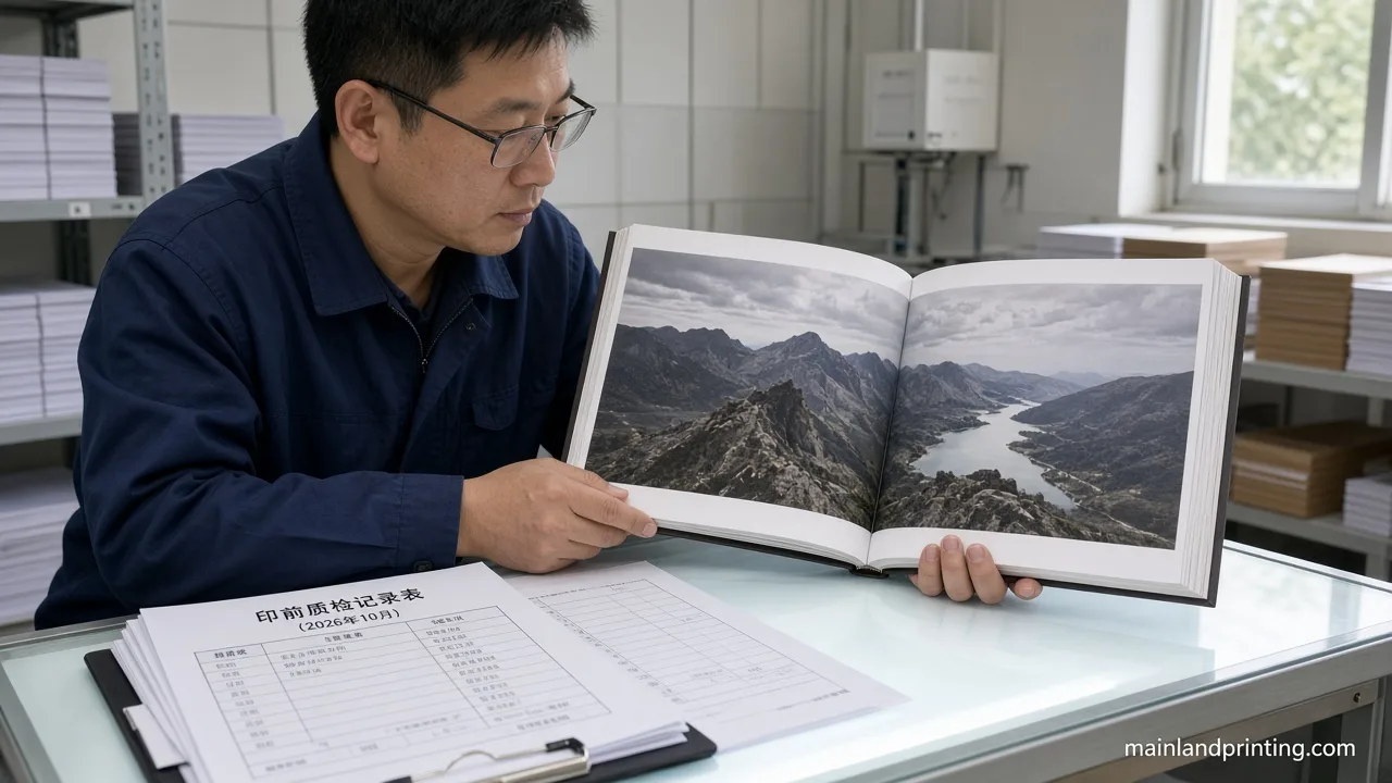 Chinese QC opening a bound art book sample to check a cross-gutter photography spread
