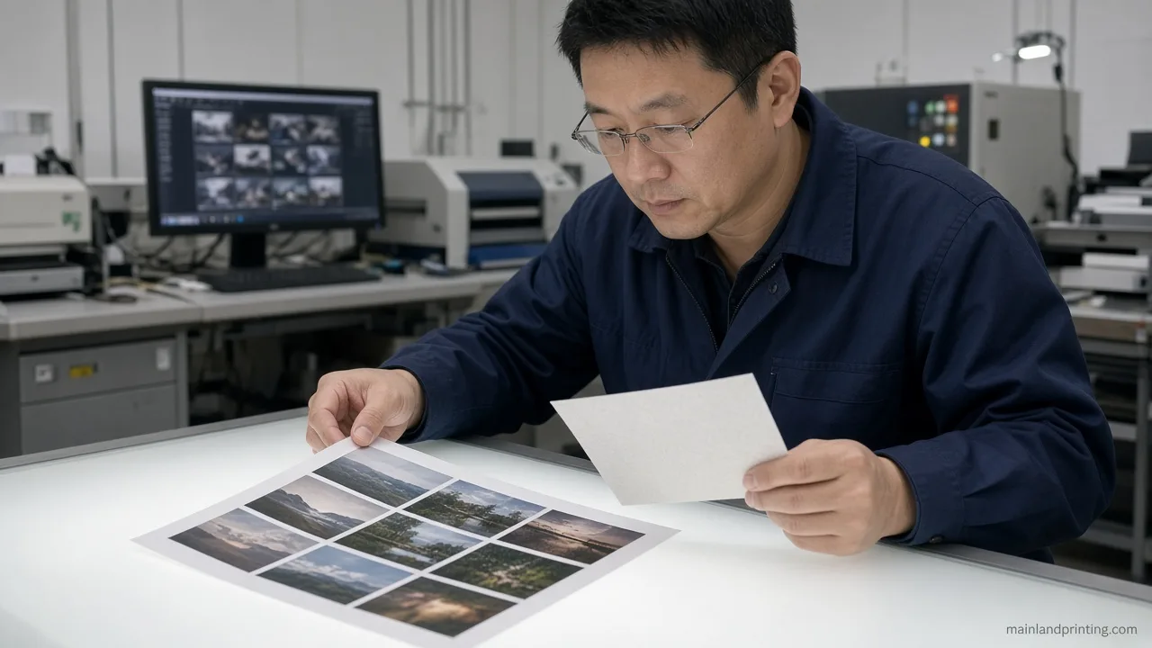 art book sample sheet approval Chinese QC comparing printed photography proof to coated art book paper sample
