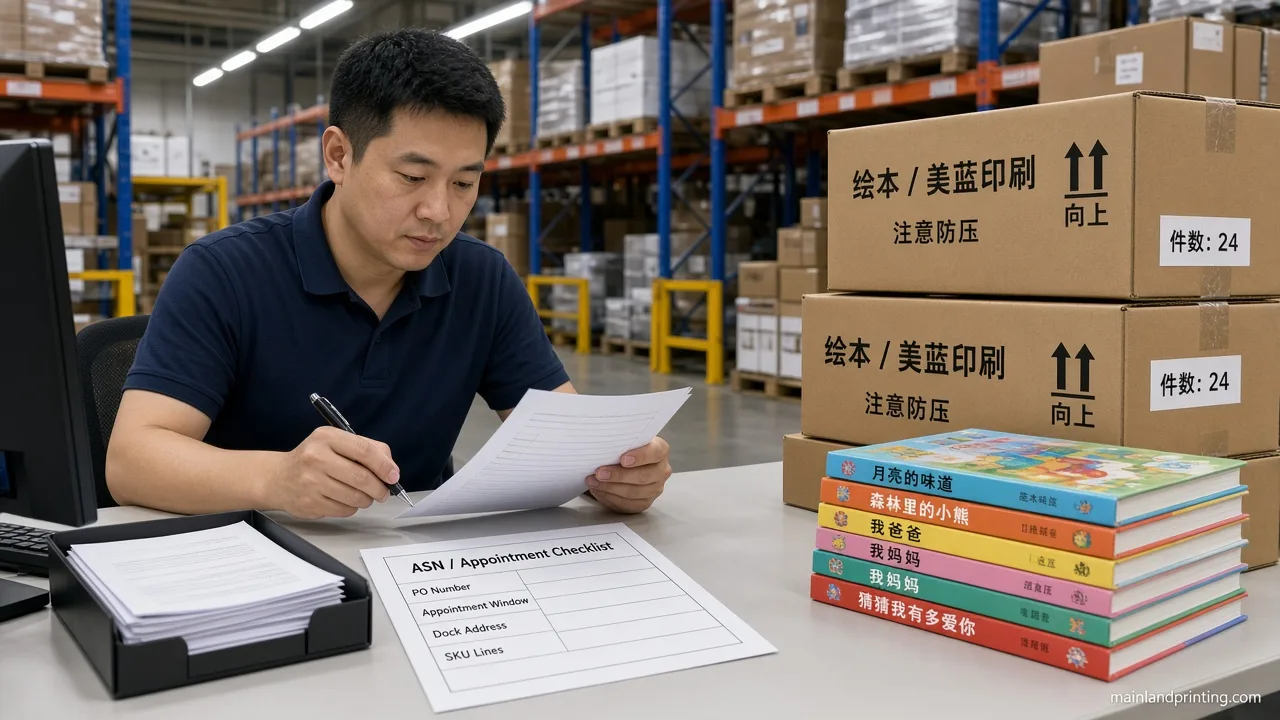 asn appointment desk check 1 Operator checking ASN and appointment paperwork beside picture-book cartons