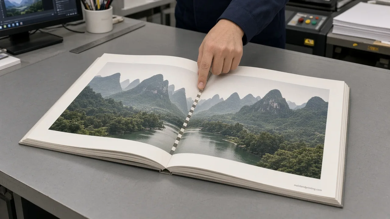 Open bound art book dummy with a photograph crossing the fold while a finger checks the gutter