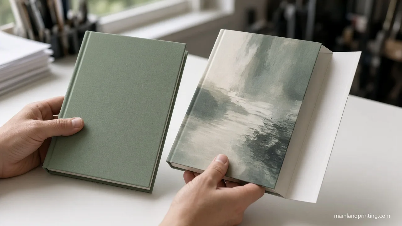 Editor comparing a cloth-bound art book case beside a printed dust jacket on a review table
