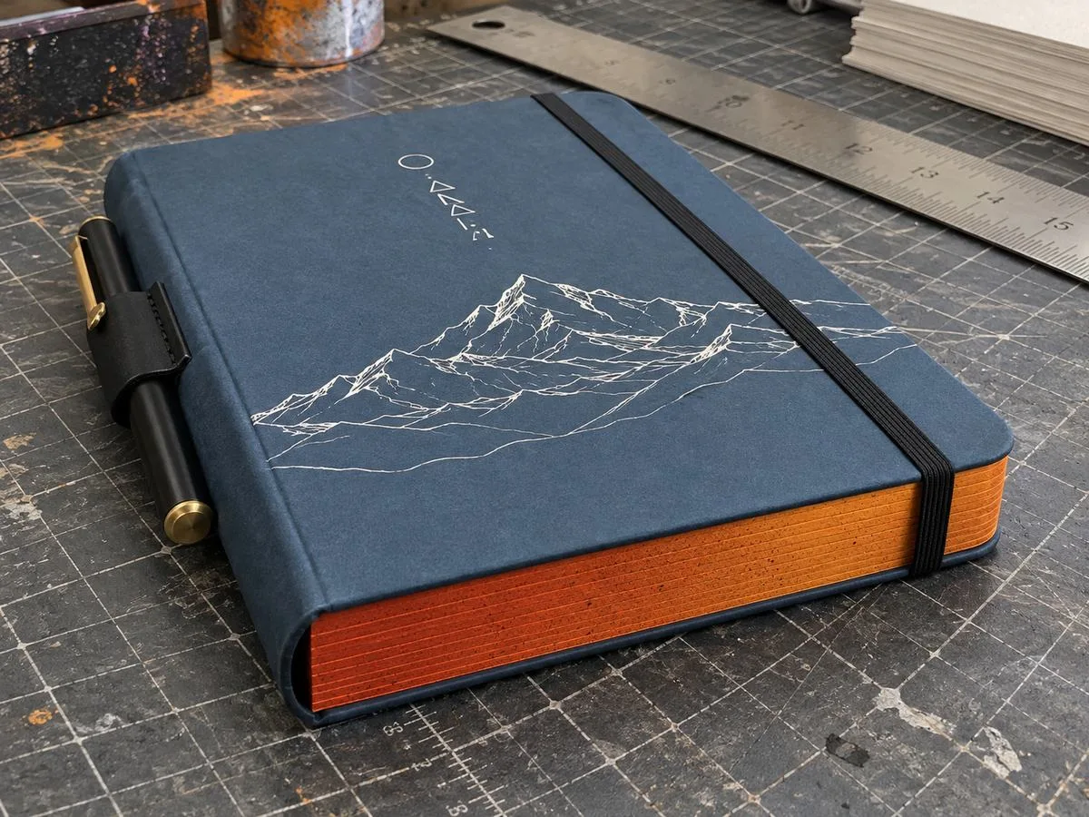notebook with sprayed painted edges and elastic pen loop
