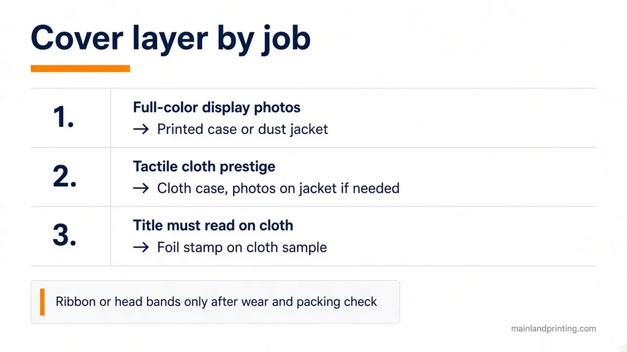 Decision map showing when printed case, cloth, dust jacket, foil, or ribbon should lead an art book cover
