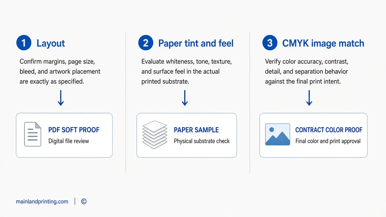 Decision map matching art book layout, paper, and color risks to PDF, paper sample, or contract proof