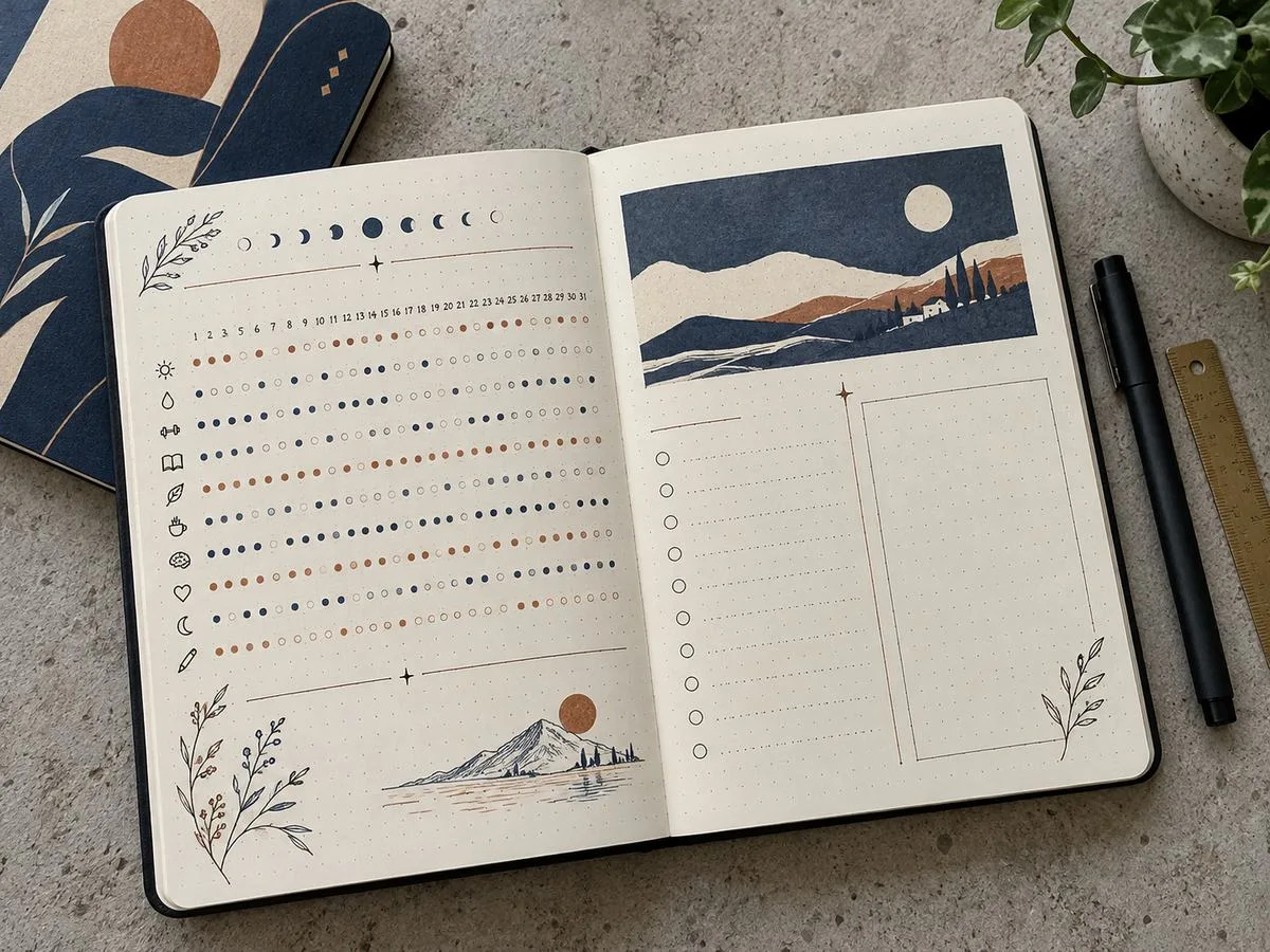 dot grid notebook page spread open flat