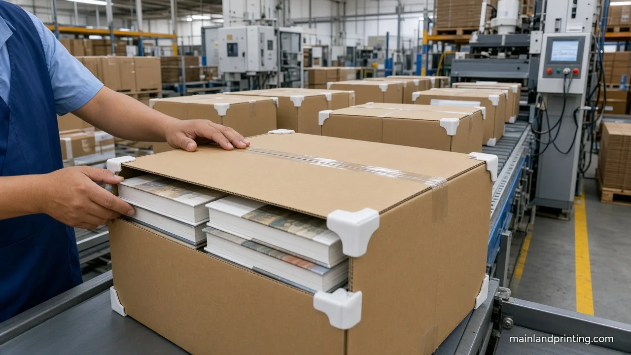 inspecting art book export cartons Worker inspecting double-wall export cartons of hardcover art books on a factory packing line
