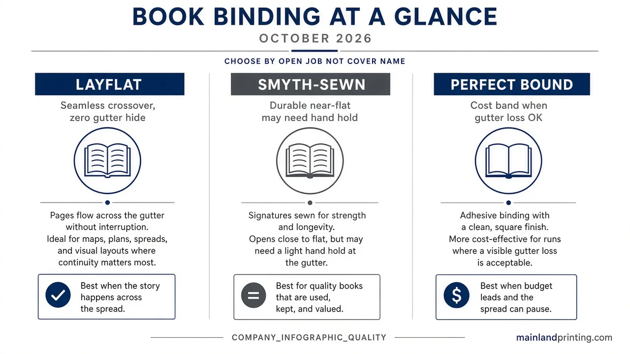 Decision chart: layflat for seamless crossovers, Smyth for durable near-flat, perfect bound when gutter loss is OK