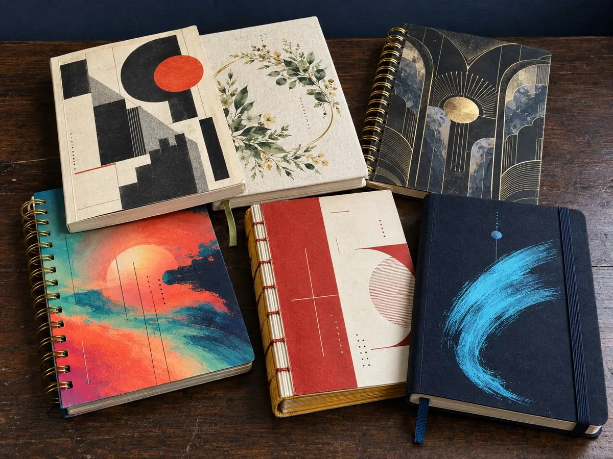 custom notebooks in six binding styles stacked together
