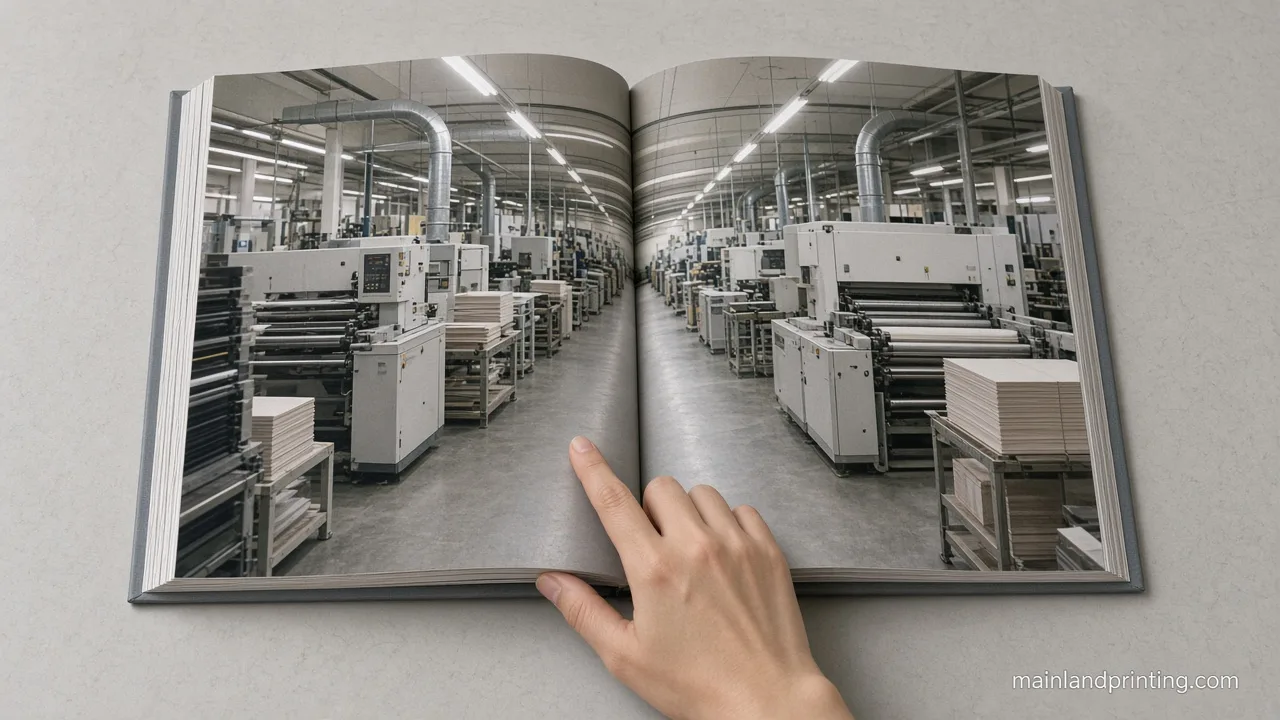 open art book crossover near the fold Open art book with a photograph crossing the fold while a finger points beside the gutter