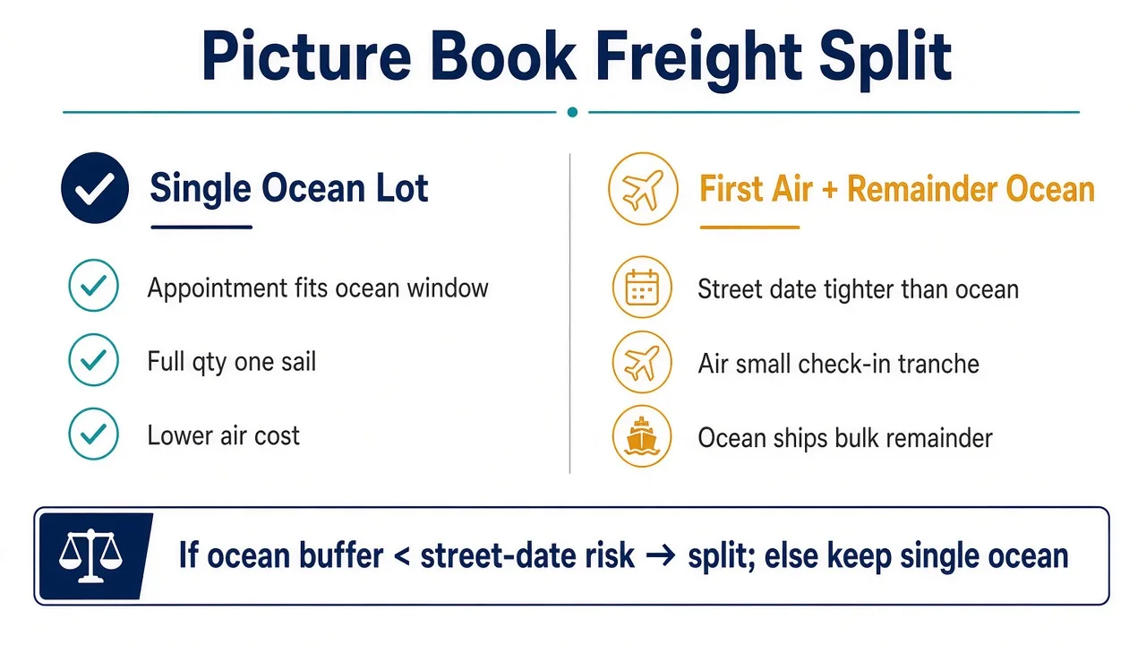 Decision chart comparing single ocean lot versus first-air remainder-ocean split for picture books