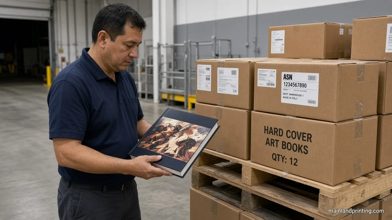 warehouse receiving art book pallets US warehouse worker checking dust jacket condition on a hardcover art book from a labeled pallet